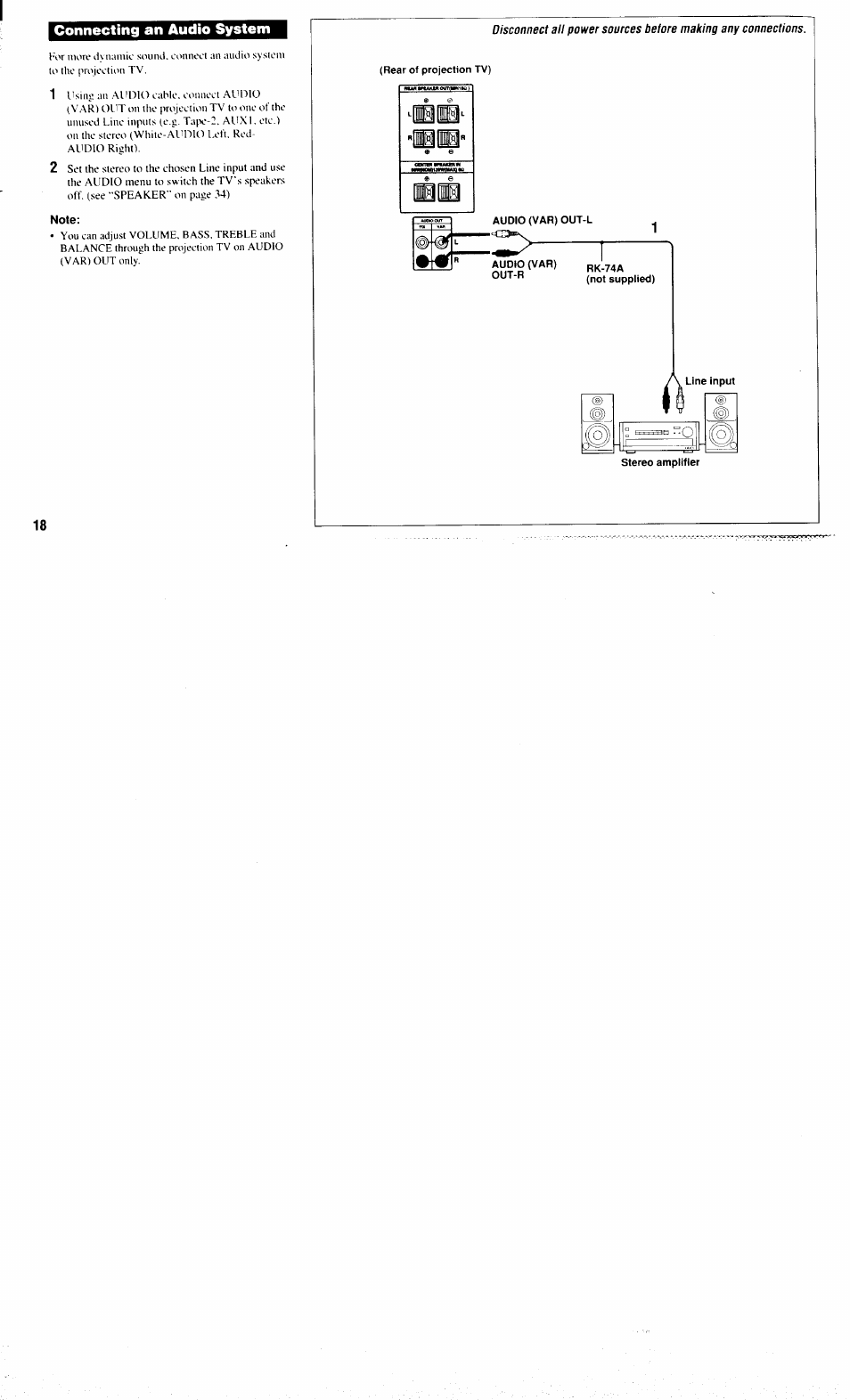 Note, Rear of projection tv), Connecting an audio system | Sony KP-61XBR300 User Manual | Page 22 / 65