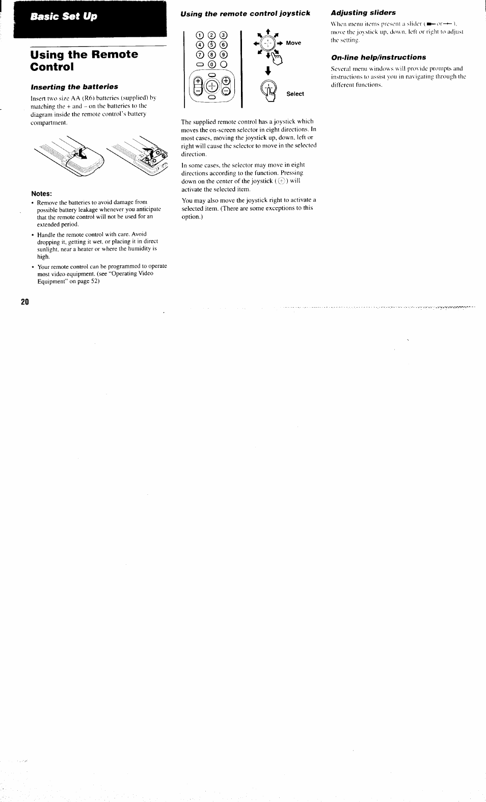 Using the remote control, Inserting the batteries, Notes | On-line help/instructions, O ® o, Bssic set up using the remote control | Sony KP-61XBR300 User Manual | Page 24 / 65