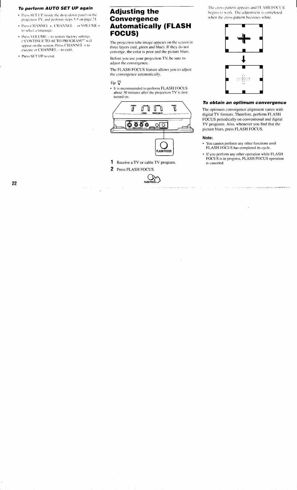 To perform auto set up again, To obtain an optimum convergence, Note | Sony KP-61XBR300 User Manual | Page 26 / 65
