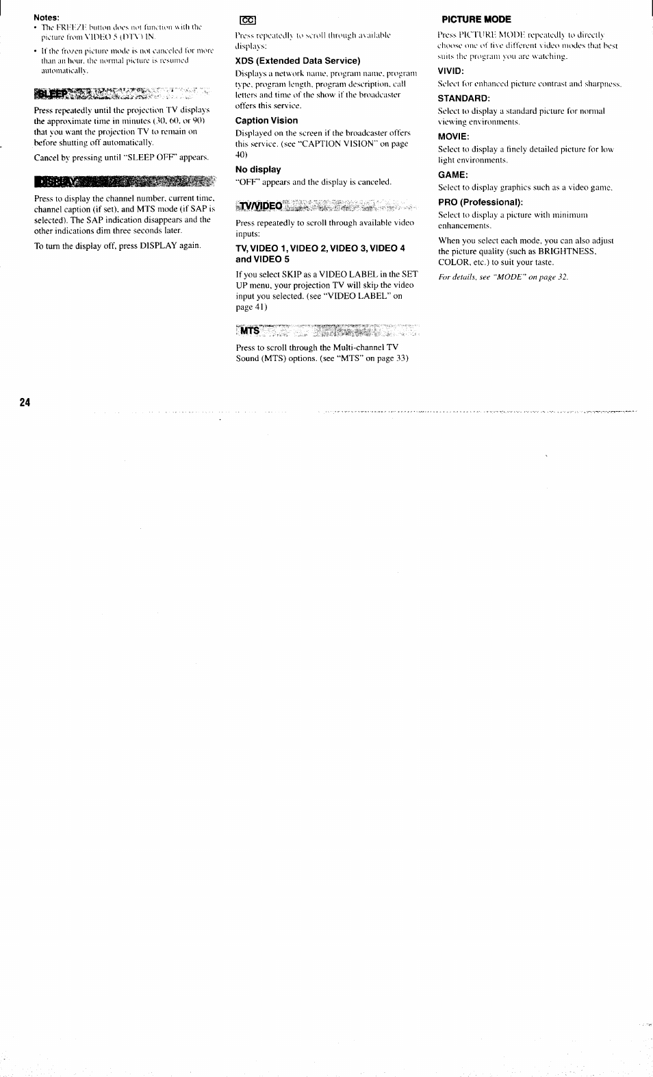 Notes, Xds (extended data service), Caption vision | No display, Tv, video 1, video 2, video 3, video 4 and videos, Picture mode, Vivid, Standard, Movie, Game | Sony KP-61XBR300 User Manual | Page 28 / 65
