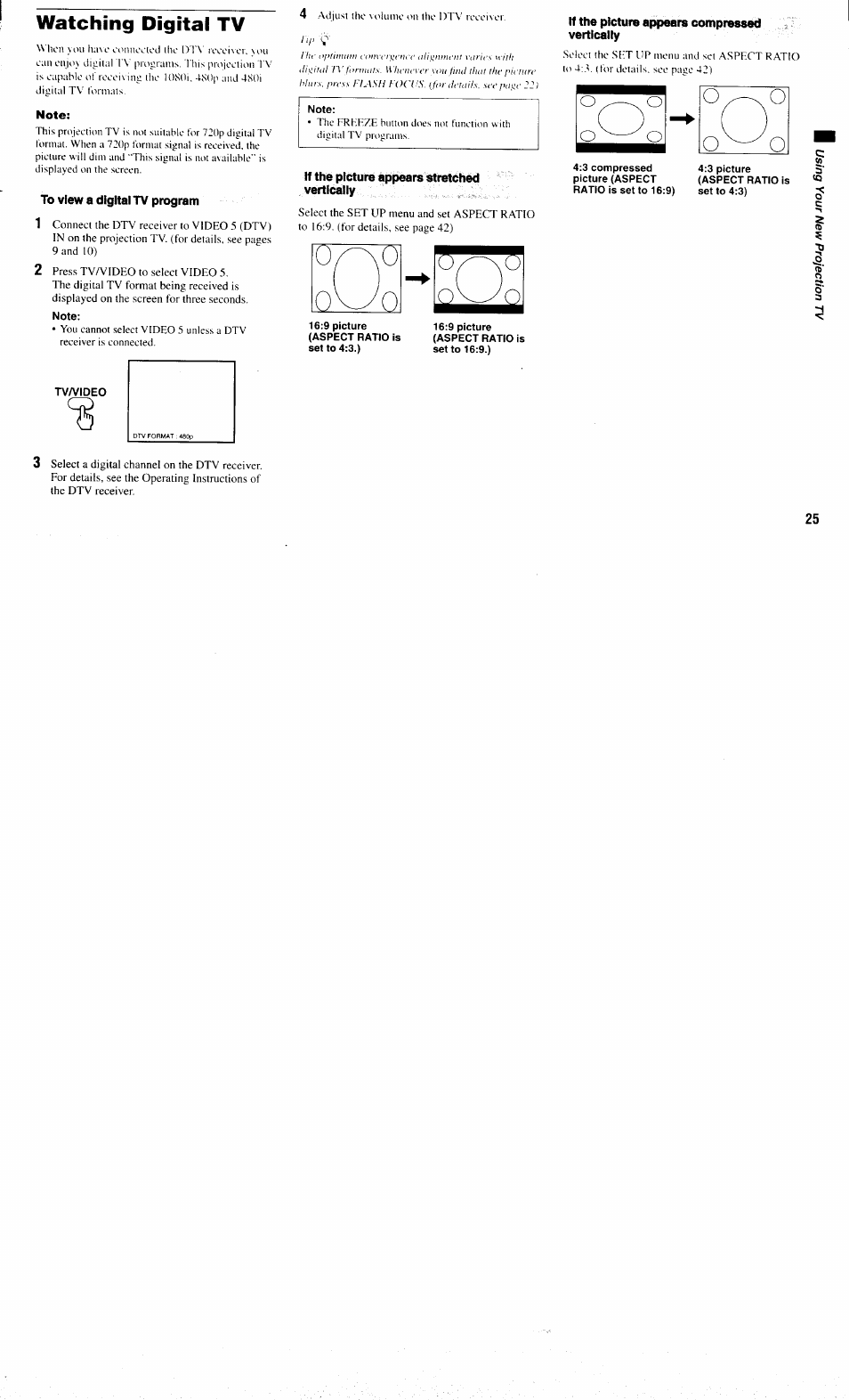 Watching digital tv, Note, To view a digital tv program | If the picture appears stretched vertically, If the picture appears compressed vertically | Sony KP-61XBR300 User Manual | Page 29 / 65