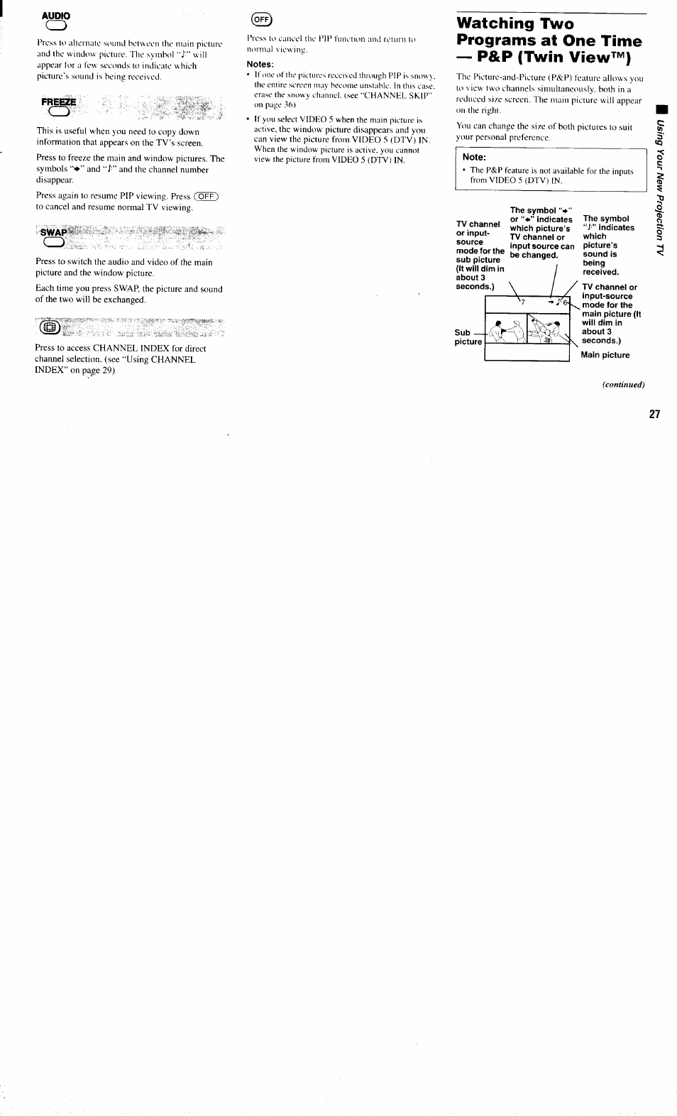Audio, Freeze, Swap | Note | Sony KP-61XBR300 User Manual | Page 31 / 65