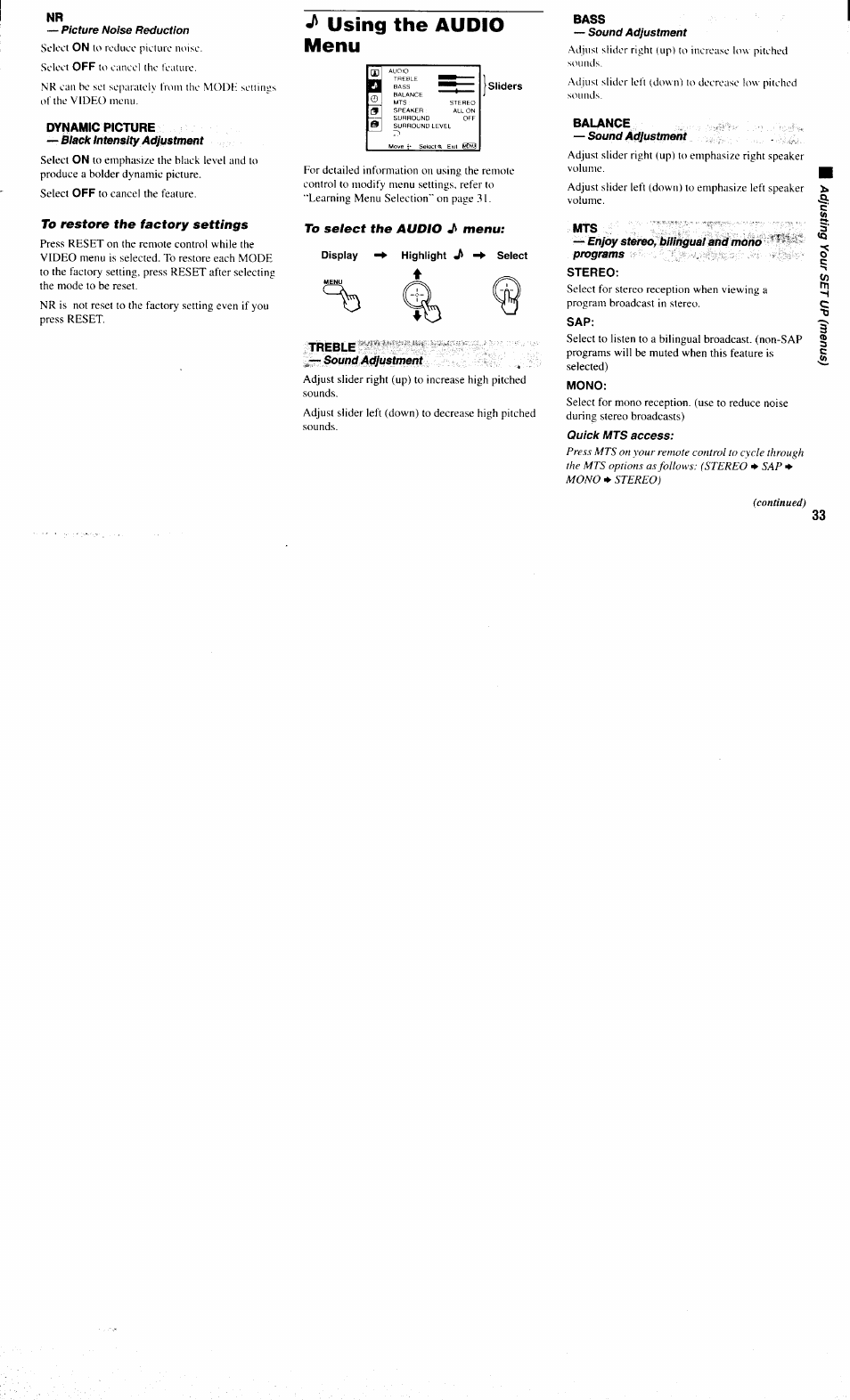 Picture noise reduction, Black intensity adjustment, To restore the factory settings | Using the audio menu, To select the audio j> menu, Display highlight jl ^ select, Sound adjustment, Enjoy stereo, bilingual and mono ‘ - programs, Stereo, Mono | Sony KP-61XBR300 User Manual | Page 37 / 65