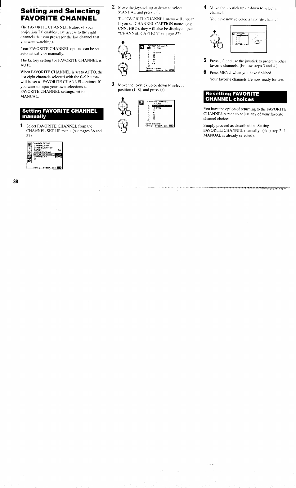 Setting and selecting favorite channel, Setting favorite channel manually, Resetting favorite channel choices | Sony KP-61XBR300 User Manual | Page 42 / 65