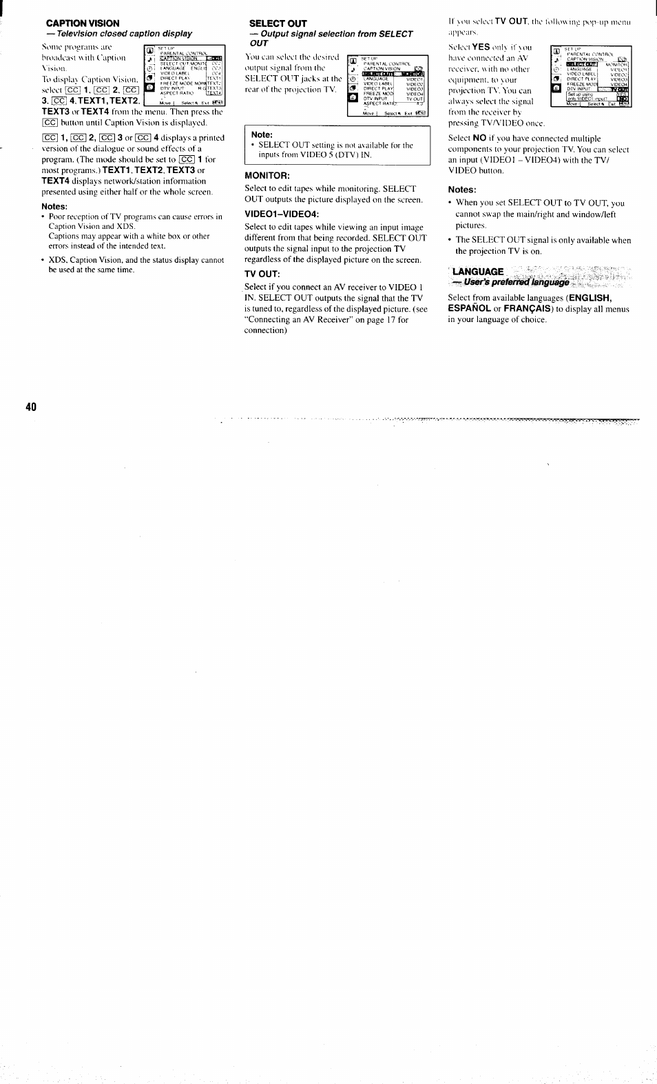 Caption vision, Television closed caption display, Fccl4.text1.text2 | Notes, Select out, Output signal selection fmm select out, Note, Monitor, Vide01-vide04, Tv out | Sony KP-61XBR300 User Manual | Page 44 / 65