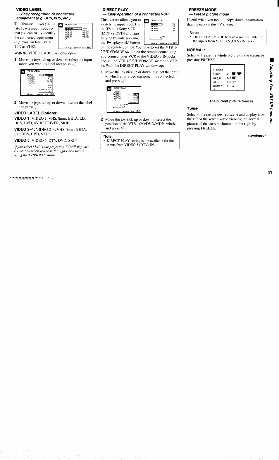 Video label, Video label options, Direct play | Easy operation of a connected vcr, Note, Freeze mode, Freeze picture mode, Normal, The current picture freezes, Twin | Sony KP-61XBR300 User Manual | Page 45 / 65