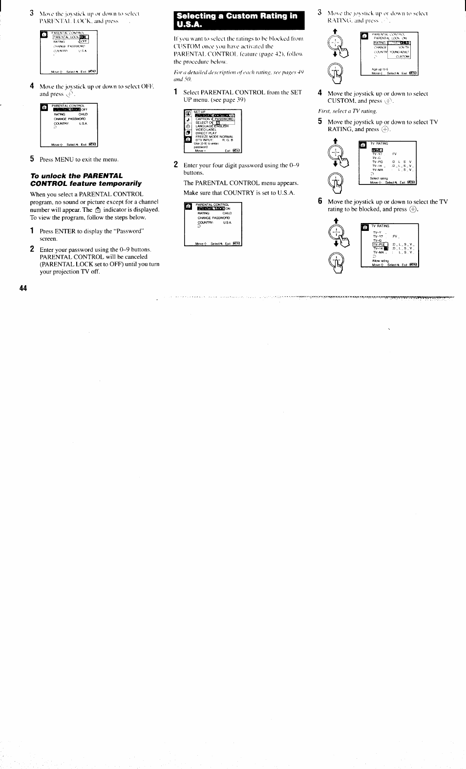 To unlock the parental control feature temporarily, Selecting a custom rating in u.s.a | Sony KP-61XBR300 User Manual | Page 48 / 65