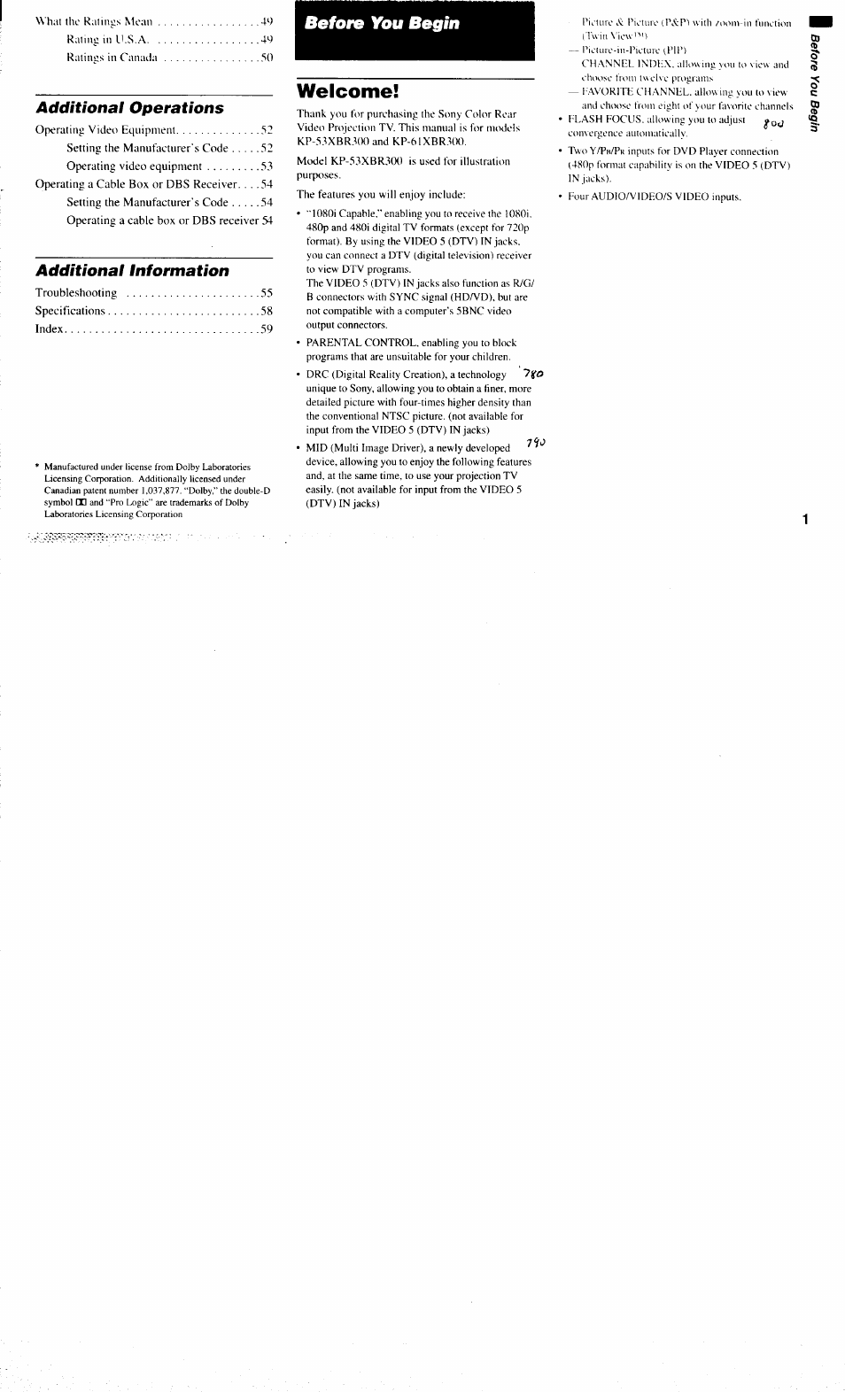 Welcome, Before you begin, Additional operations | Additional information | Sony KP-61XBR300 User Manual | Page 5 / 65