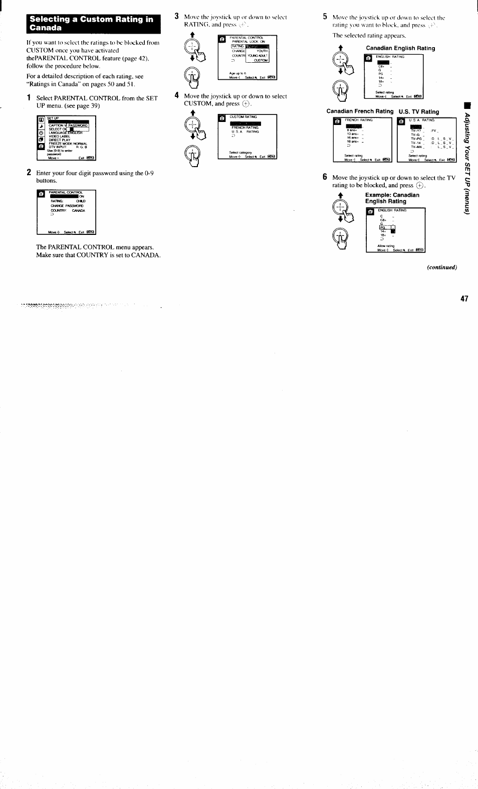 Selecting a custom rating in canada, Canadian french rating u,s. tv rating | Sony KP-61XBR300 User Manual | Page 51 / 65
