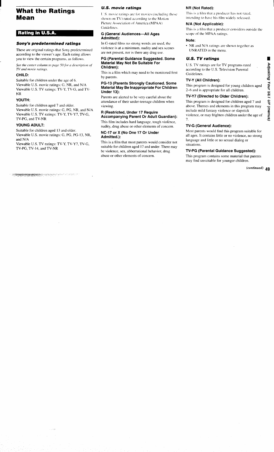 What the ratings mean, Sony’s predetermined ratings, U.s. movie ratings | U.s. tv ratings, What tlio ratings mcati, Rating in u.s.a | Sony KP-61XBR300 User Manual | Page 53 / 65