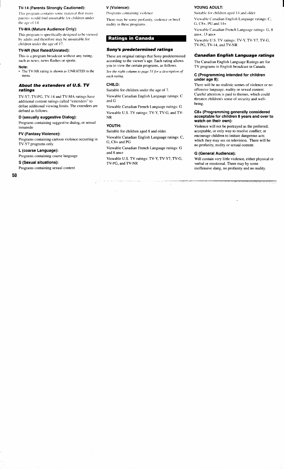 Tv-14 (parents strongly cautioned), Tv-ma (mature audience only), Tv-nr (not rated/unrated) | Note, About the extenders of u.s. tv ratings, 0 (sexually suggestive dialog), Fv (fantasy violence), L (coarse language), S (sexual situations), V (violence) | Sony KP-61XBR300 User Manual | Page 54 / 65