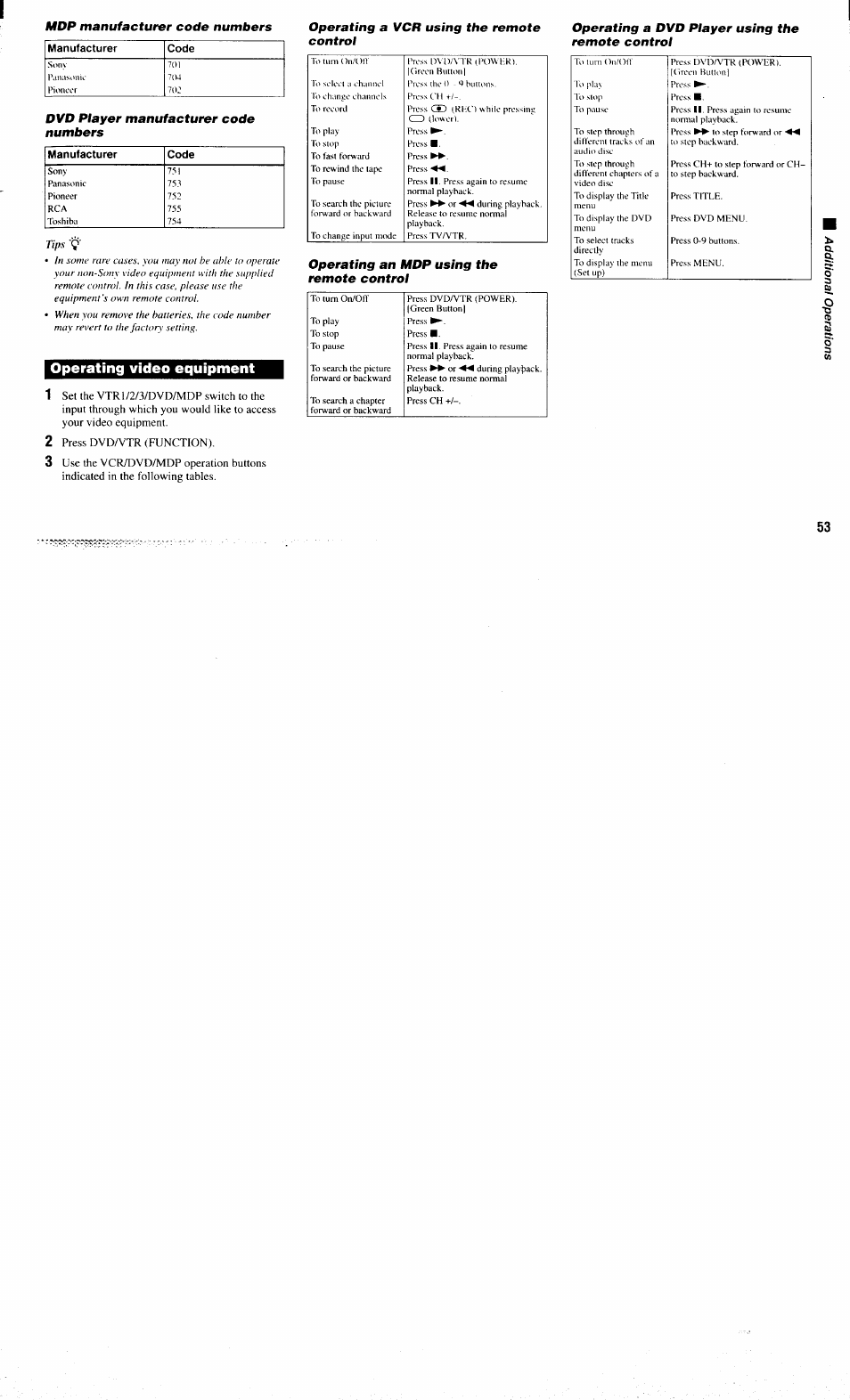 Mdp manufacturer code numbers, Operating a vcr using the remote control, Operating an mdp using the remote control | Operating a dvd player using the remote control, Operating video equipment | Sony KP-61XBR300 User Manual | Page 57 / 65