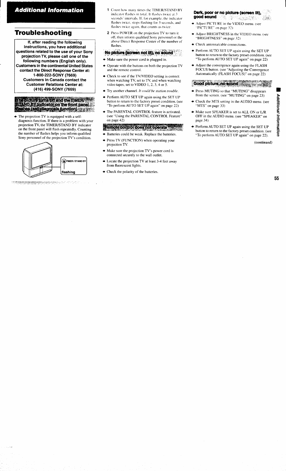 Tvoubleshooting, No picture (screen not lit), no stwnd, Dark, poor or no picture (screen lit), good sound | Good picture, no sound, Troubleshooting, Additional information, X8e{ij[^lagqmisjtinctipnj | Sony KP-61XBR300 User Manual | Page 59 / 65