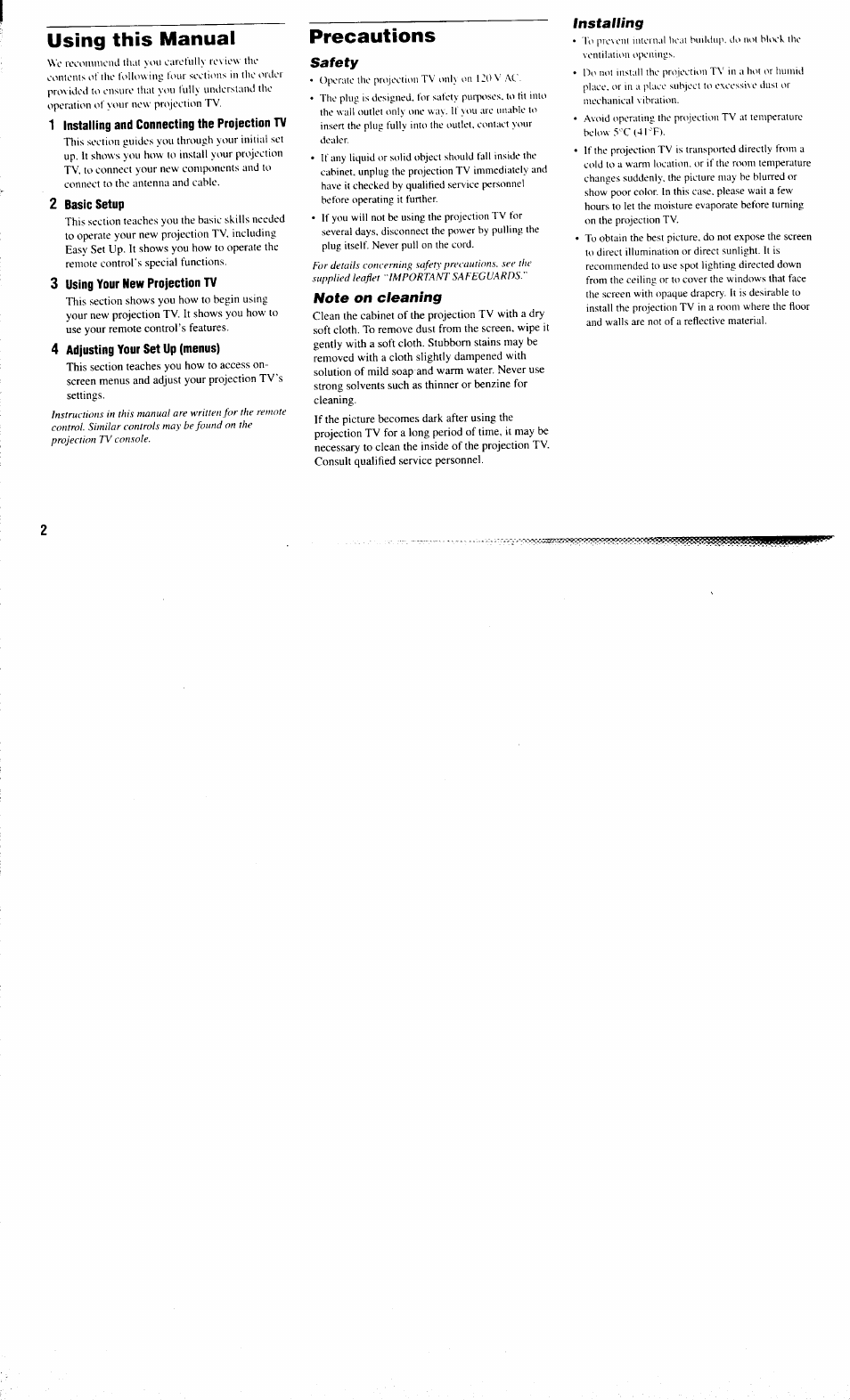 Using this manual, 1 installing and connecting the projection tv, 2 basic setup | 3 using your new projection tv, 4 adjusting your set up (menus), Precautions | Sony KP-61XBR300 User Manual | Page 6 / 65