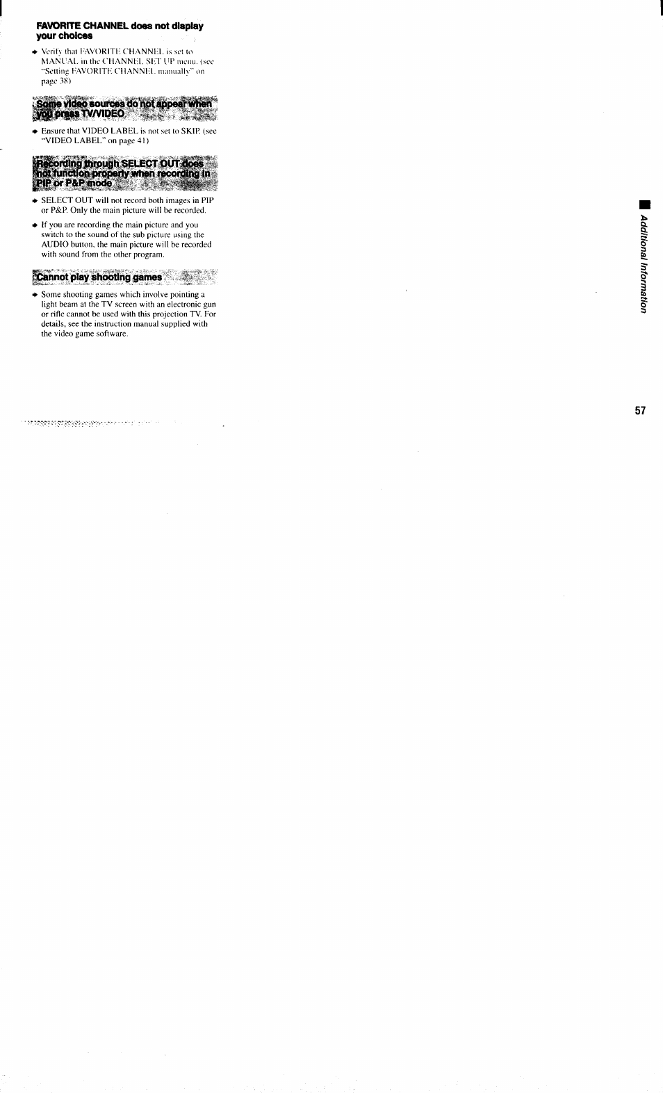 Favorite channel does not display your choices, Tg^pcjpstv/vipeo, Games | Sony KP-61XBR300 User Manual | Page 61 / 65