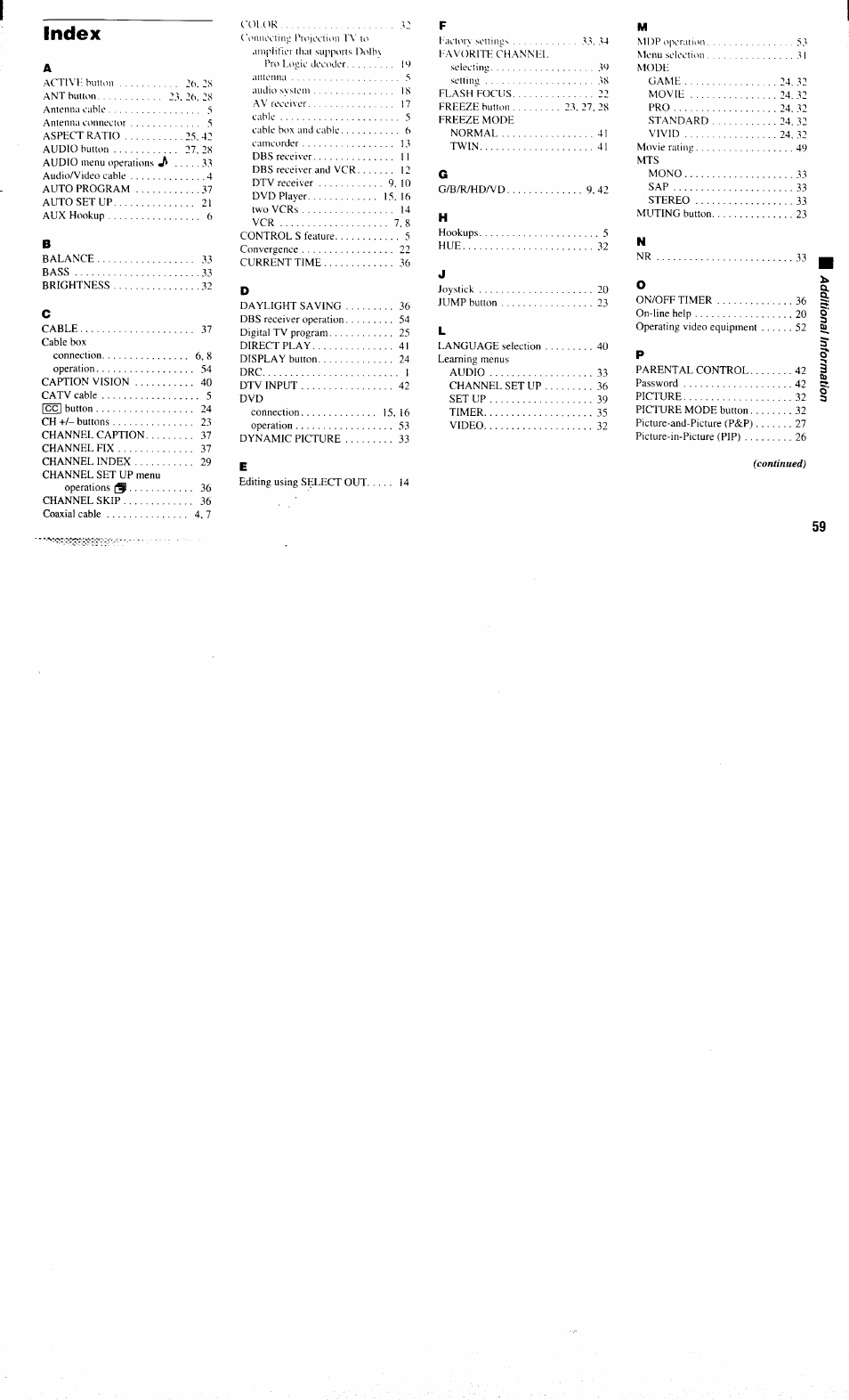 Index | Sony KP-61XBR300 User Manual | Page 63 / 65