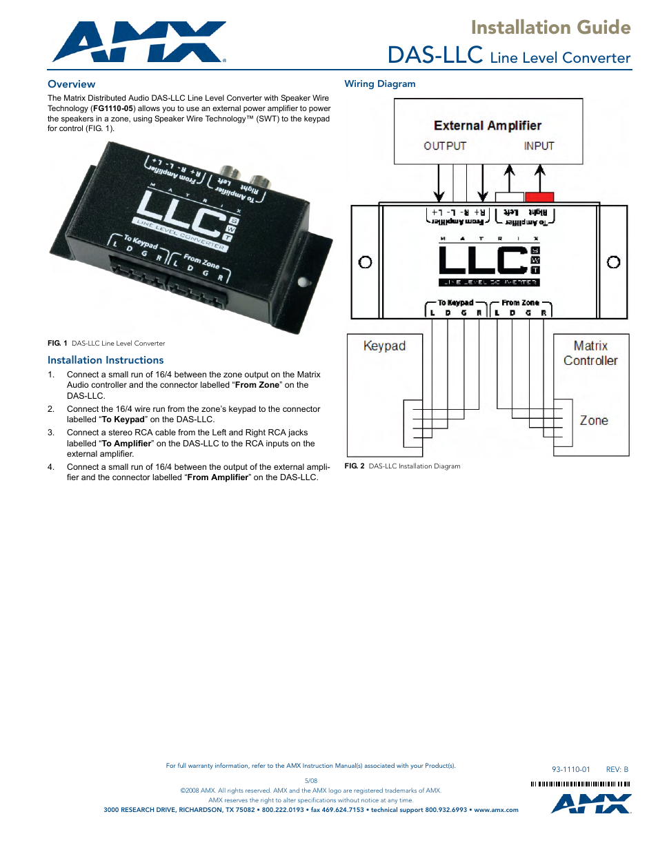 AMX Line Level Converter DAS-LLC User Manual | 1 page