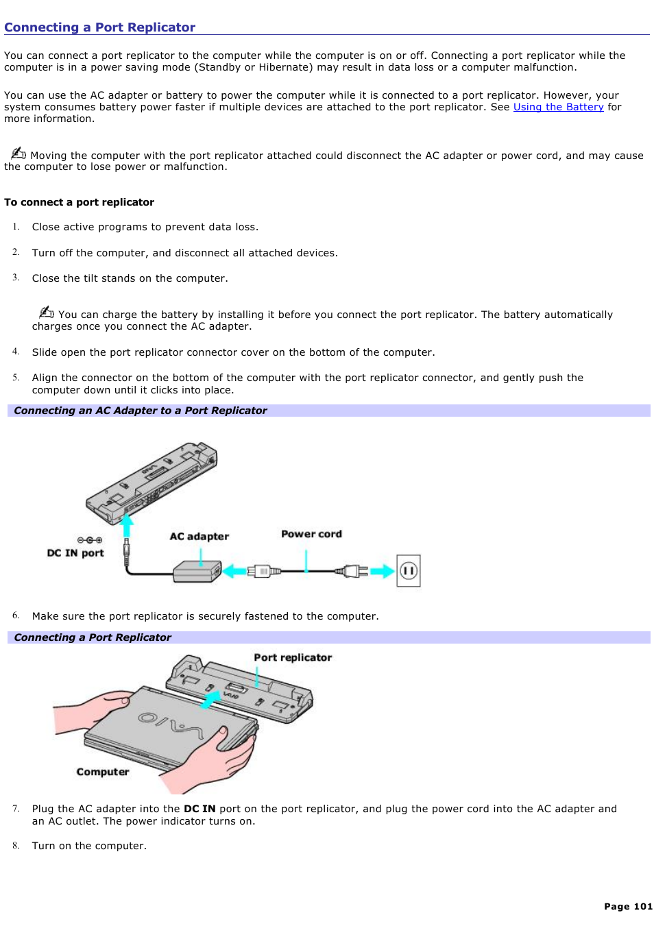 Connecting a port replicator | Sony PCG-GRV680 User Manual | Page 101 / 162