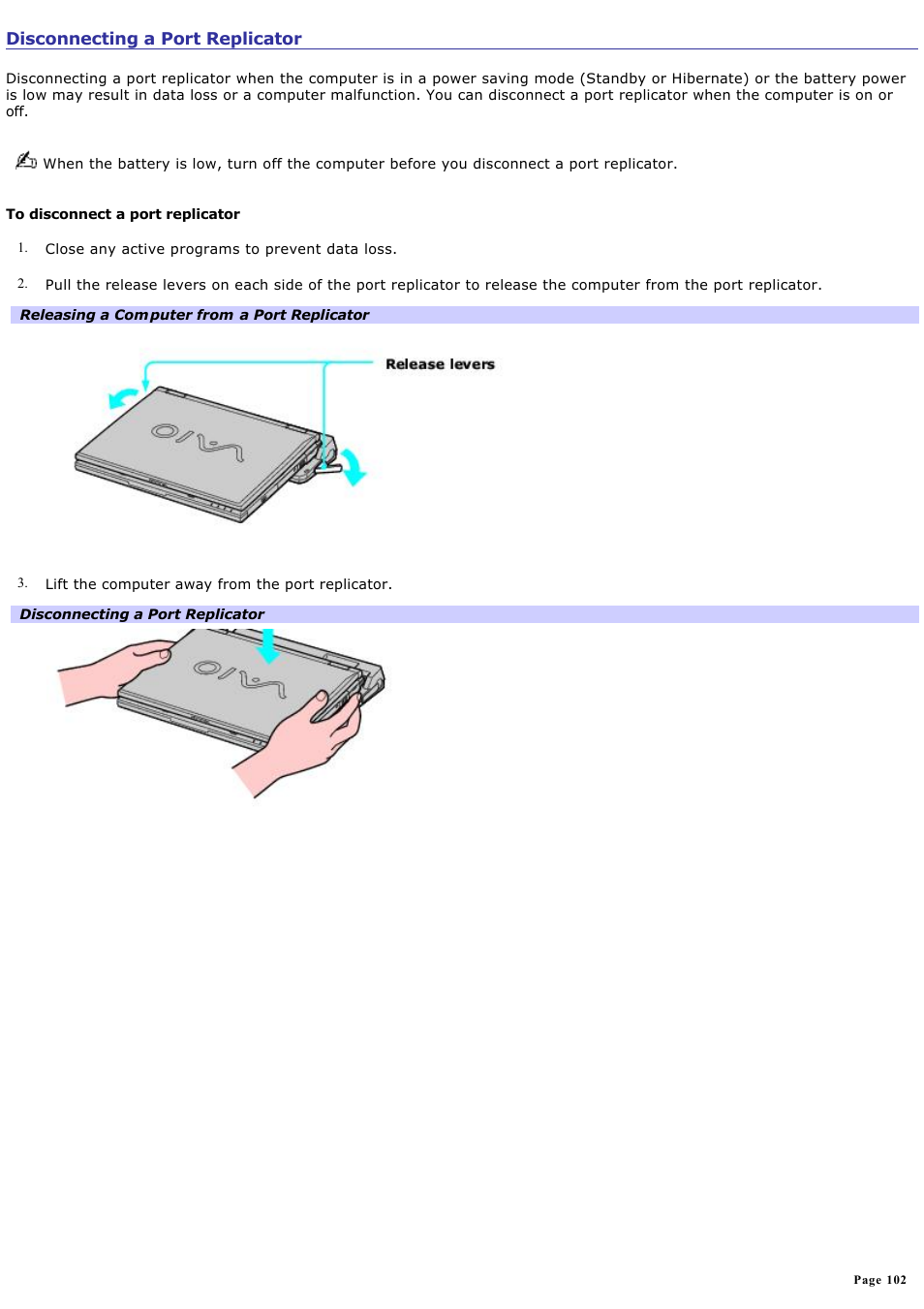 Disconnecting a port replicator | Sony PCG-GRV680 User Manual | Page 102 / 162