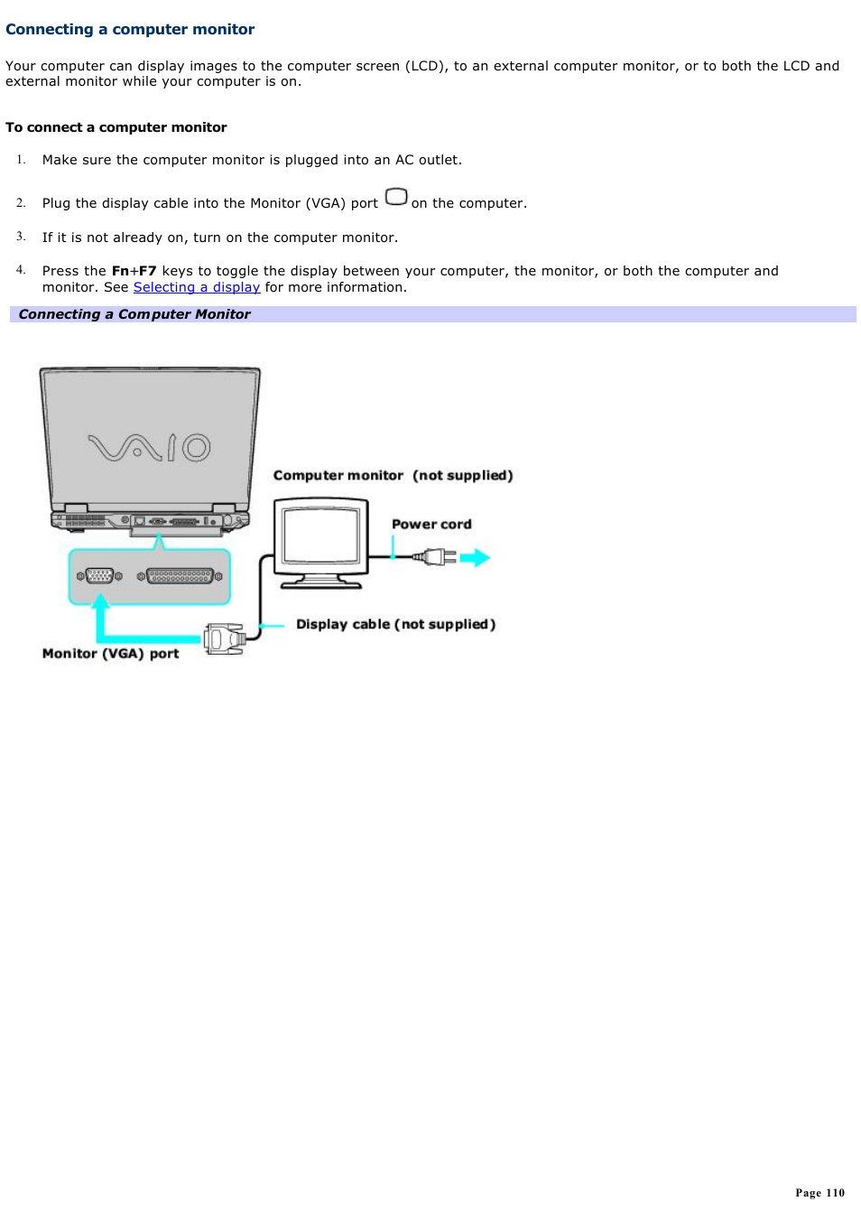 Connecting a computer monitor | Sony PCG-GRV680 User Manual | Page 110 / 162