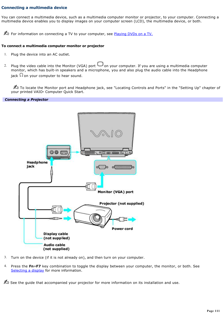 Connecting a multimedia device | Sony PCG-GRV680 User Manual | Page 111 / 162