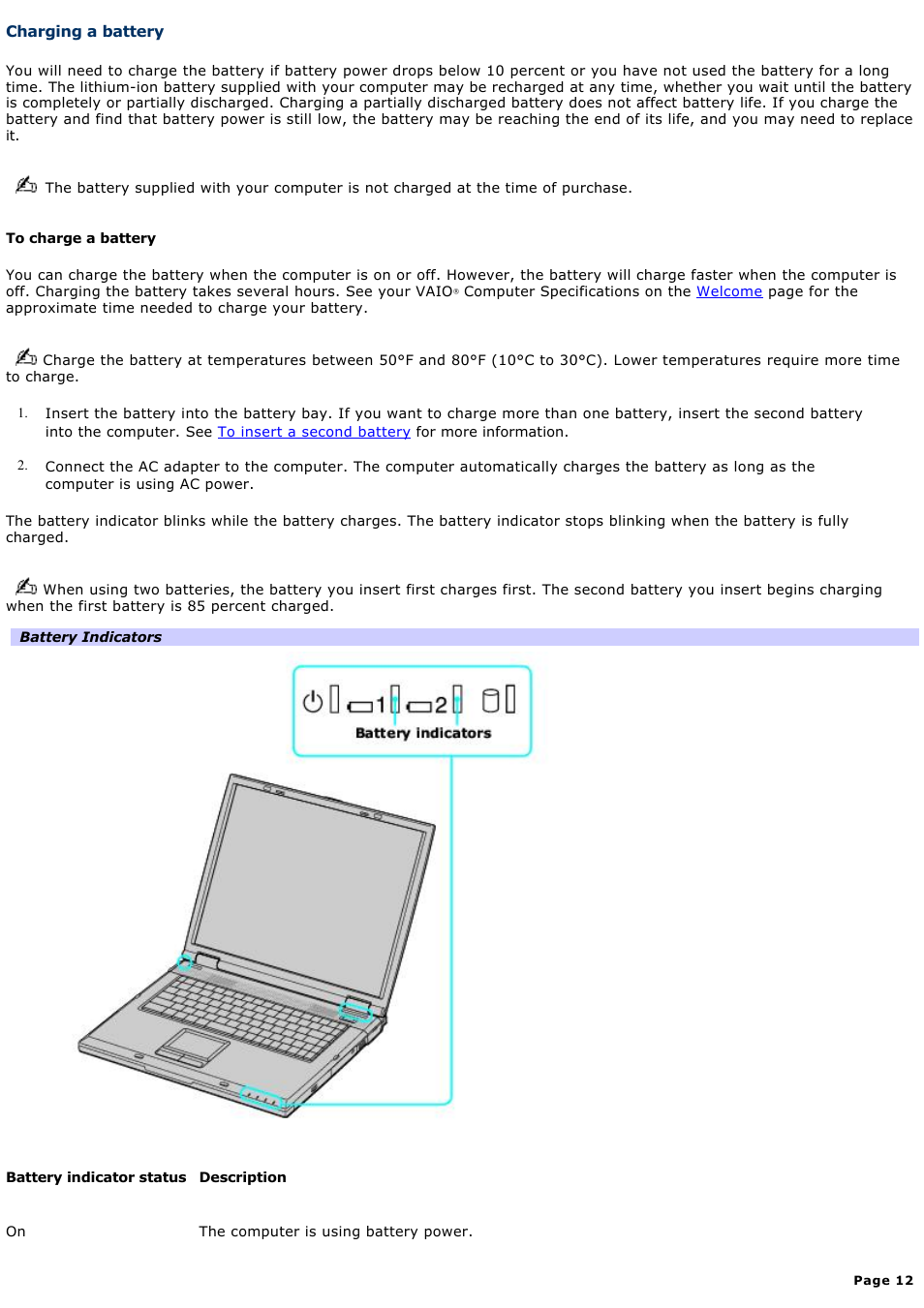 Charging a battery | Sony PCG-GRV680 User Manual | Page 12 / 162