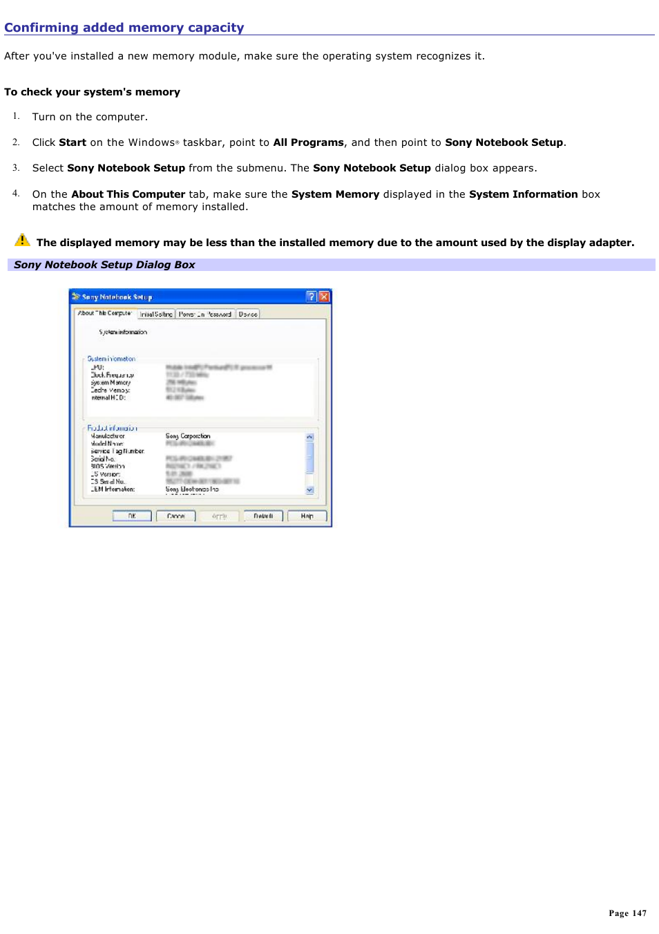 Confirming added memory capacity, For more | Sony PCG-GRV680 User Manual | Page 147 / 162