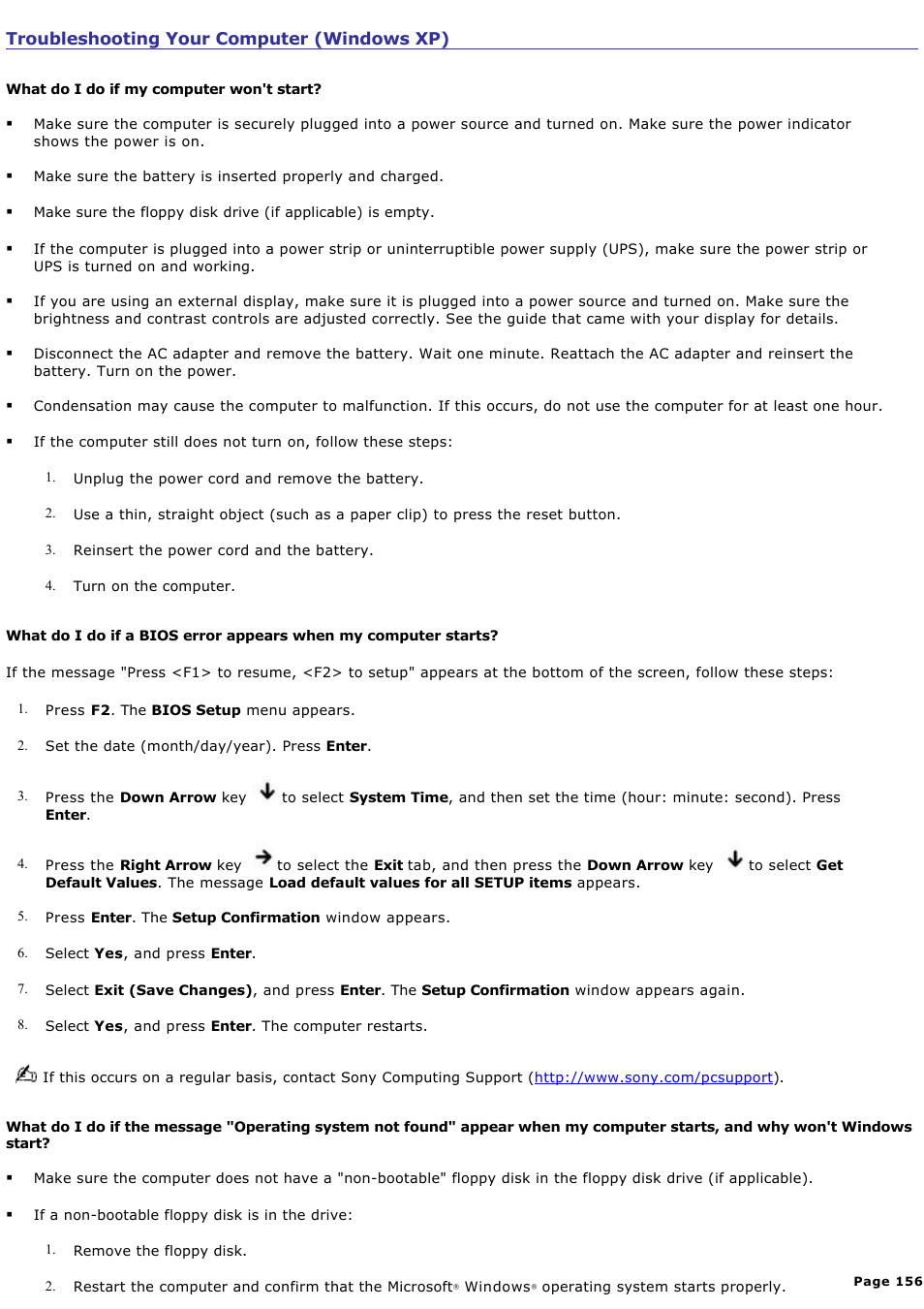 Troubleshooting your computer (windows xp) | Sony PCG-GRV680 User Manual | Page 156 / 162