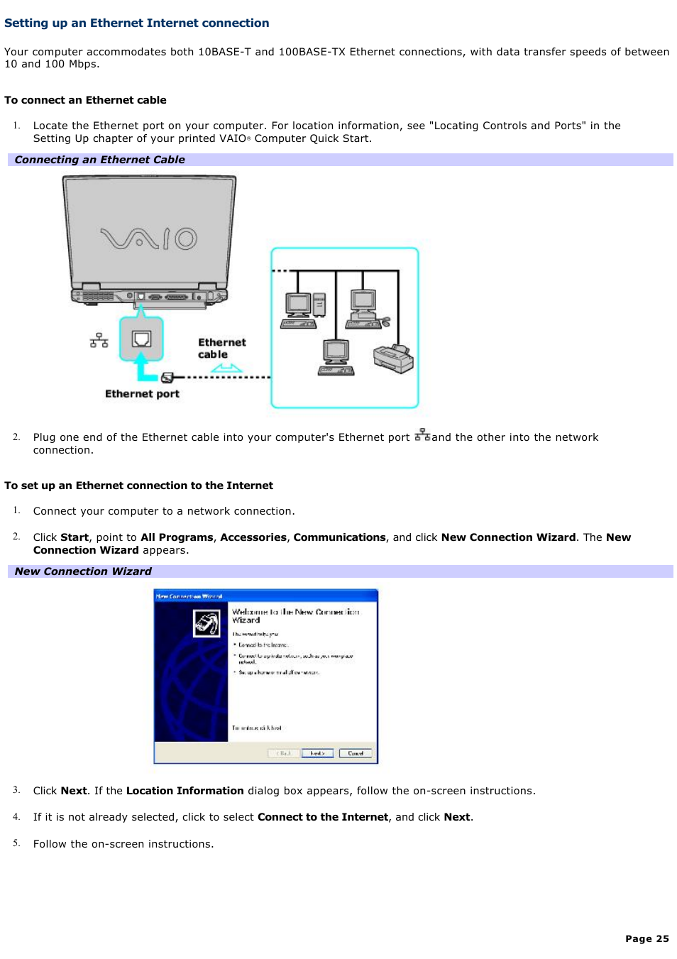 Setting up an ethernet internet connection | Sony PCG-GRV680 User Manual | Page 25 / 162