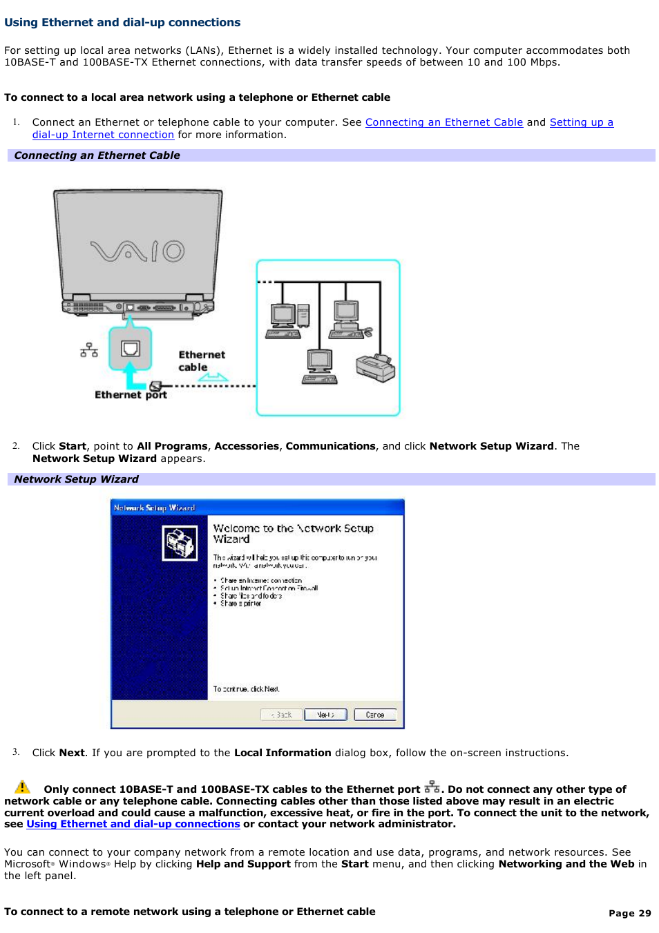 Using ethernet and dial-up connections | Sony PCG-GRV680 User Manual | Page 29 / 162