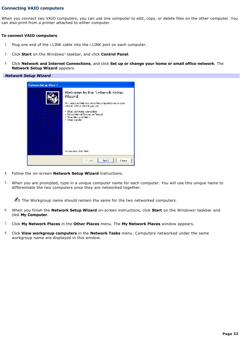 Connecting vaio computers | Sony PCG-GRV680 User Manual | Page 32 / 162