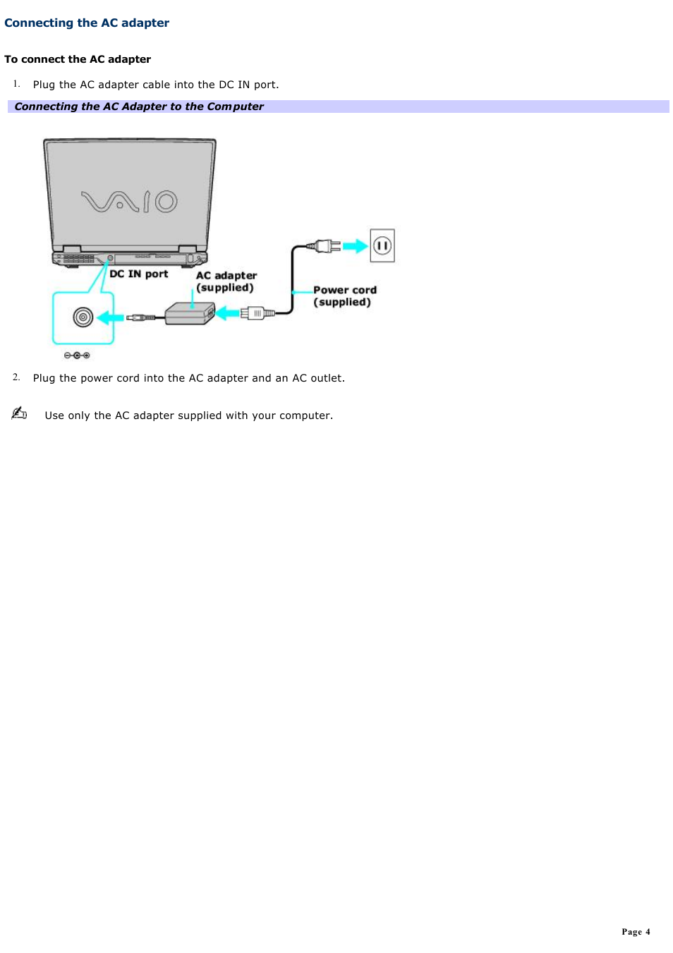 Connecting the ac adapter | Sony PCG-GRV680 User Manual | Page 4 / 162