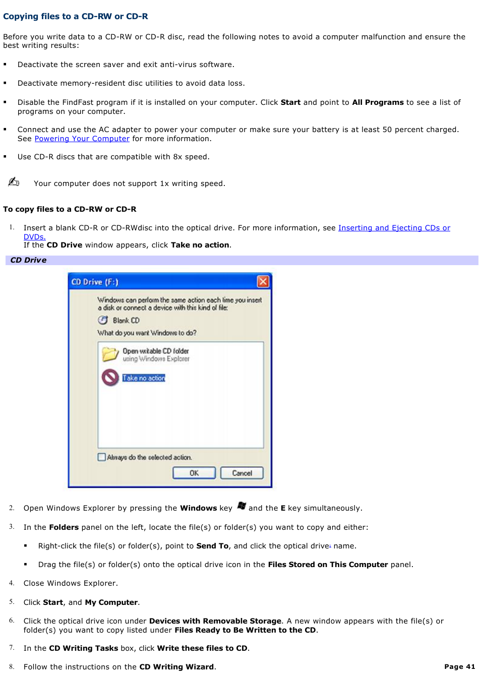 Copying files to a cd-rw or cd-r | Sony PCG-GRV680 User Manual | Page 41 / 162