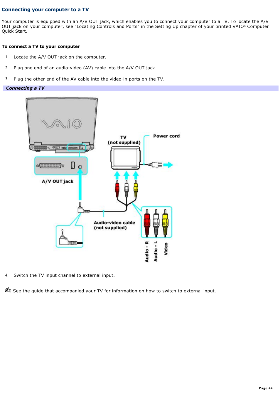 Connecting your computer to a tv | Sony PCG-GRV680 User Manual | Page 44 / 162