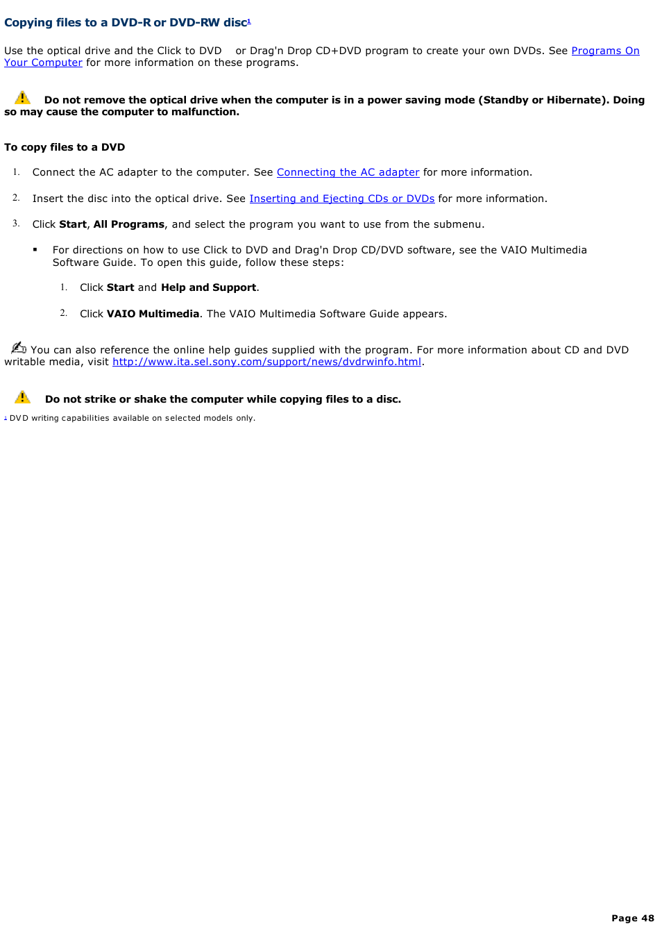 Copying files to a dvd-r or dvd-rw disc | Sony PCG-GRV680 User Manual | Page 48 / 162