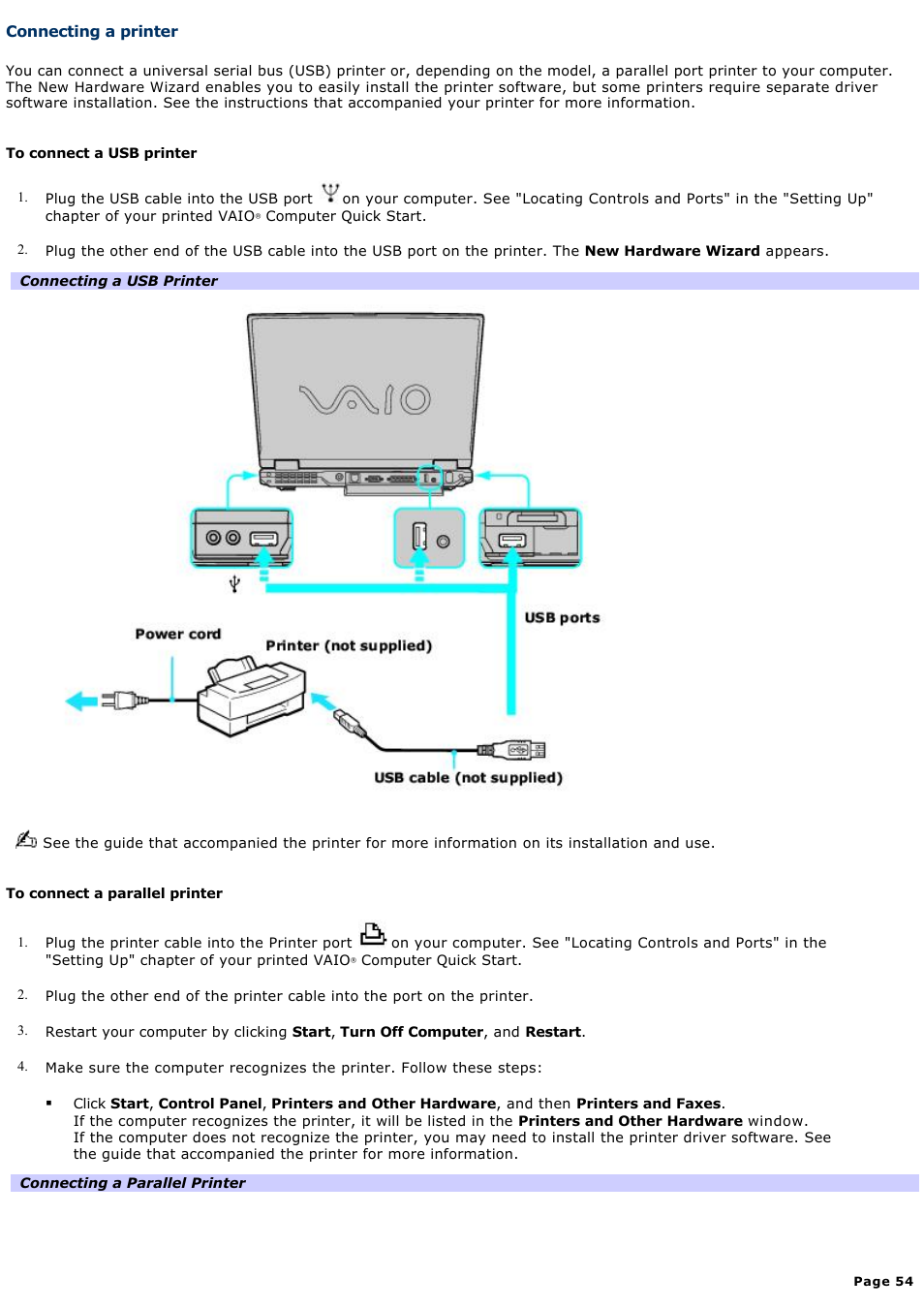 Connecting a printer | Sony PCG-GRV680 User Manual | Page 54 / 162