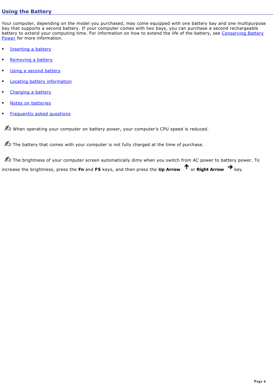 Using the battery | Sony PCG-GRV680 User Manual | Page 6 / 162