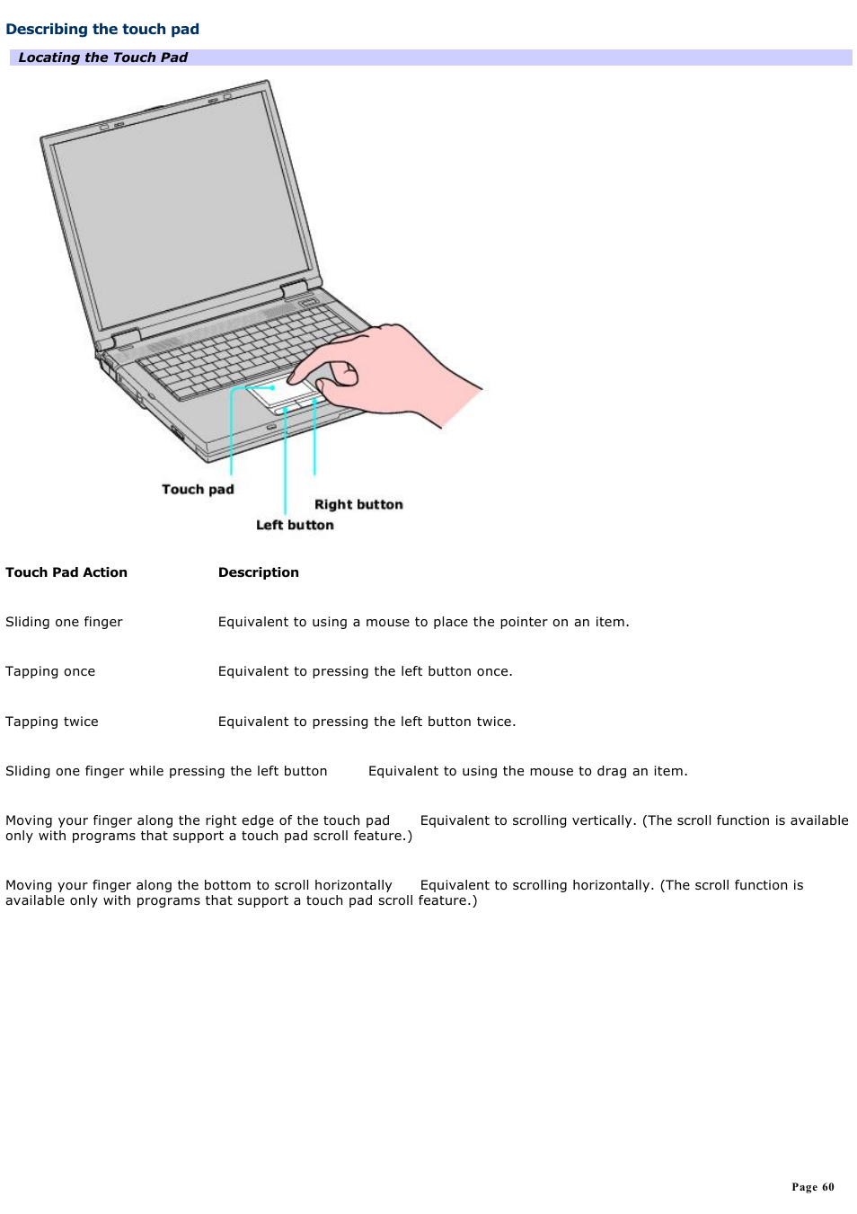 Describing the touch pad | Sony PCG-GRV680 User Manual | Page 60 / 162