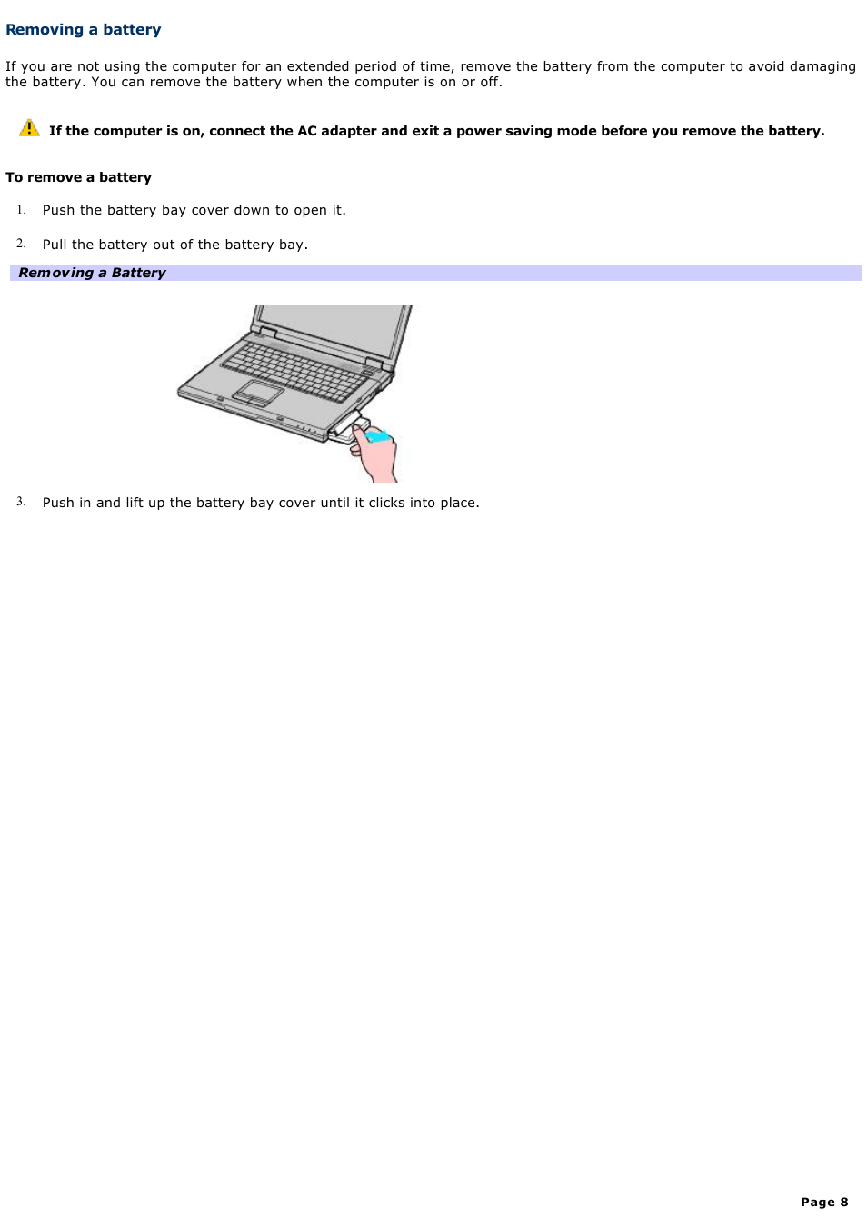 Removing a battery | Sony PCG-GRV680 User Manual | Page 8 / 162