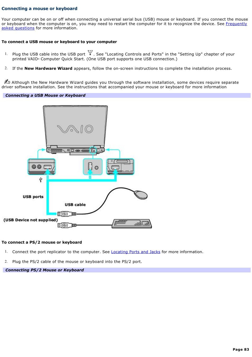 Connecting a mouse or keyboard | Sony PCG-GRV680 User Manual | Page 83 / 162