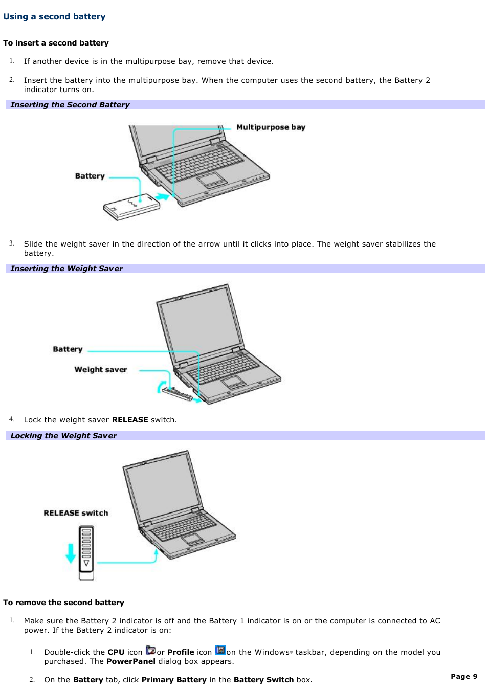 Using a second battery | Sony PCG-GRV680 User Manual | Page 9 / 162