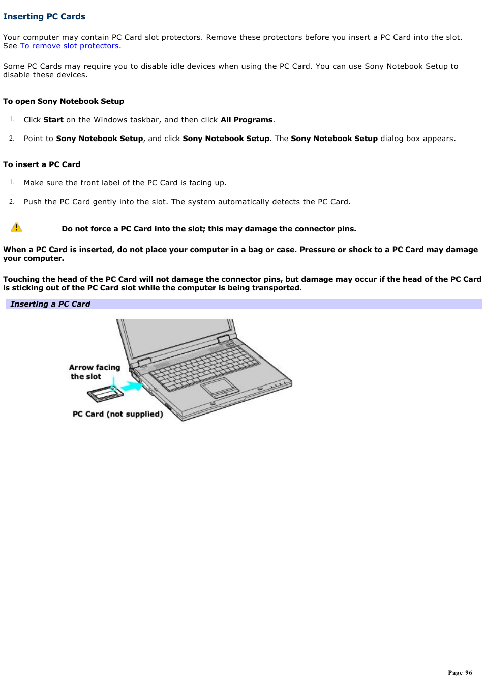 Inserting pc cards | Sony PCG-GRV680 User Manual | Page 96 / 162