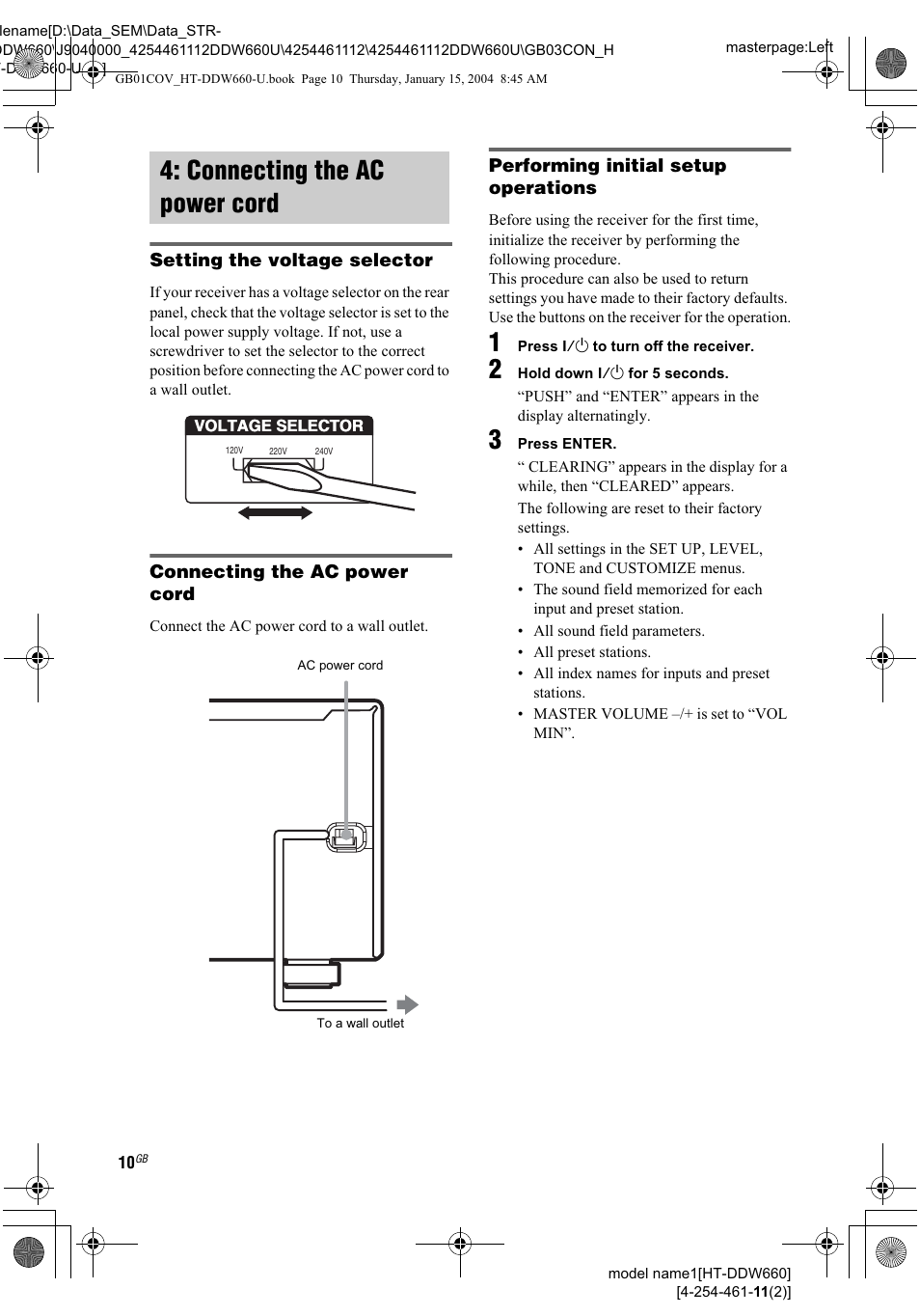 Setting the voltage selector, Voltage selector, Connecting the ac power cord | Performing initial setup operations, Press enter | Sony HT-DDW660 User Manual | Page 10 / 36