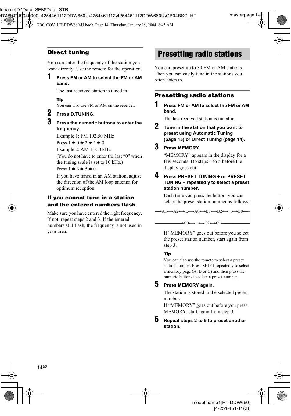 Direct tuning, 1 press fm or am to select the fm or am band, 2 press d.tuning | 3 press the numeric buttons to enter the frequency, Presetting radio stations, 3 press memory, Repeat steps 2to5to preset another station | Sony HT-DDW660 User Manual | Page 14 / 36