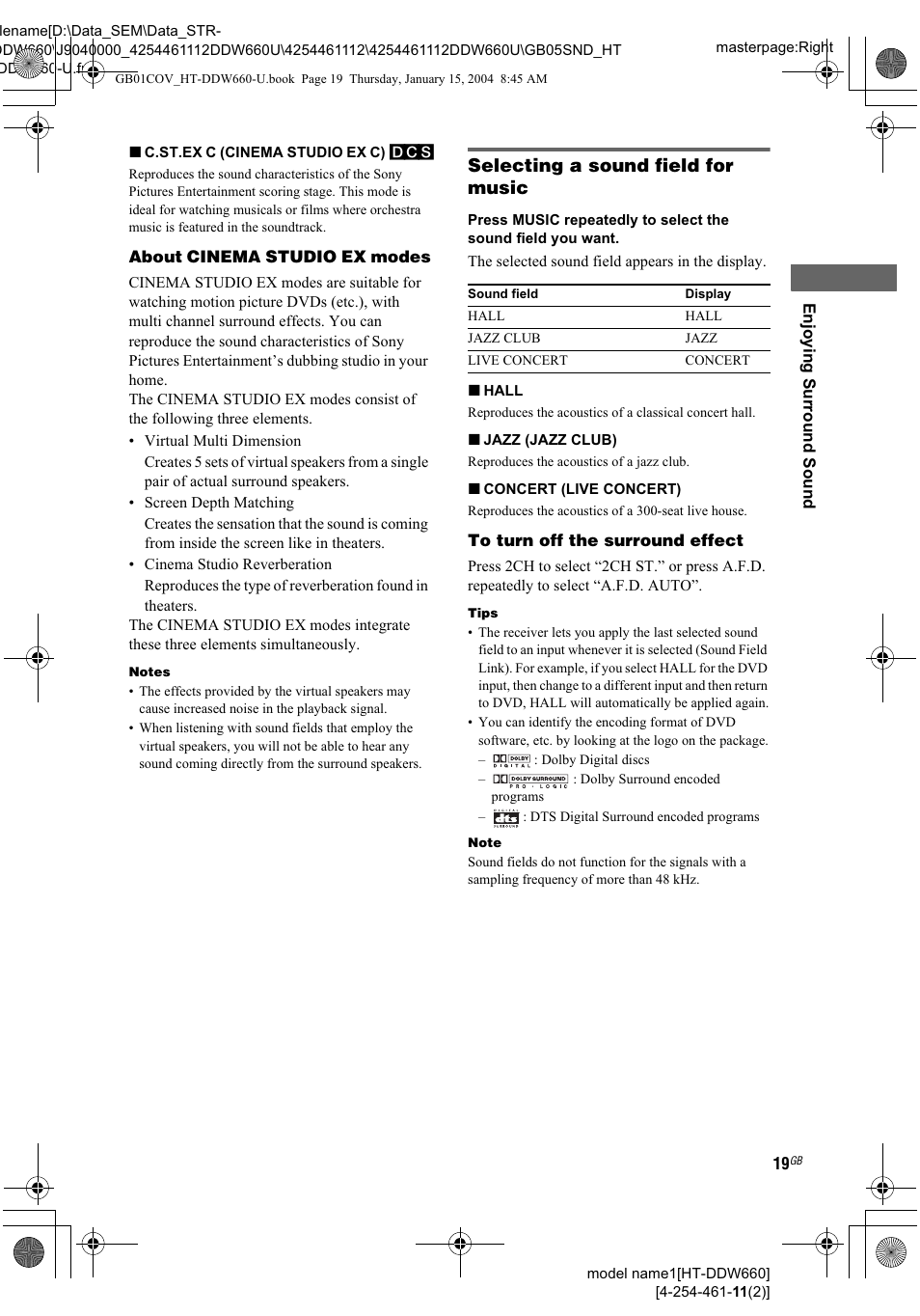 C.st.ex c (cinema studio ex c) dtcs, About cinema studio ex modes, Hall | Jazz (jazzclub), Concert (live concert), To turn off the surround effect, Selecting a sound field for music | Sony HT-DDW660 User Manual | Page 19 / 36
