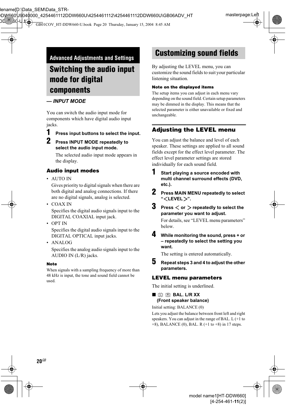 Audio input modes, Adjusting the level menu, Level menu parameters | Advanced adjustments and, Switching the audio input mode for digital, Components, Input mode, Customizing sound fields | Sony HT-DDW660 User Manual | Page 20 / 36