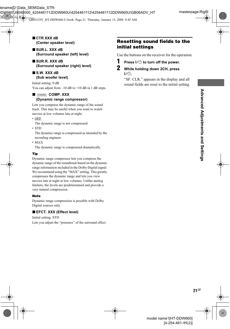 Resetting sound fields to the initial settings | Sony HT-DDW660 User Manual | Page 21 / 36
