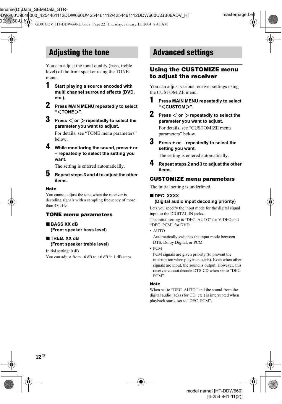 Adjusting the tone, Advanced settings, Repeat steps 3 and 4 to adjust the other items | Tone menu parameters, Bass xx db, Treb.xxdb, Using the customize menu to adjust the receiver, Repeat steps 2 and 3 to adjust the other items, Customize menu parameters, Dec.xxxx | Sony HT-DDW660 User Manual | Page 22 / 36