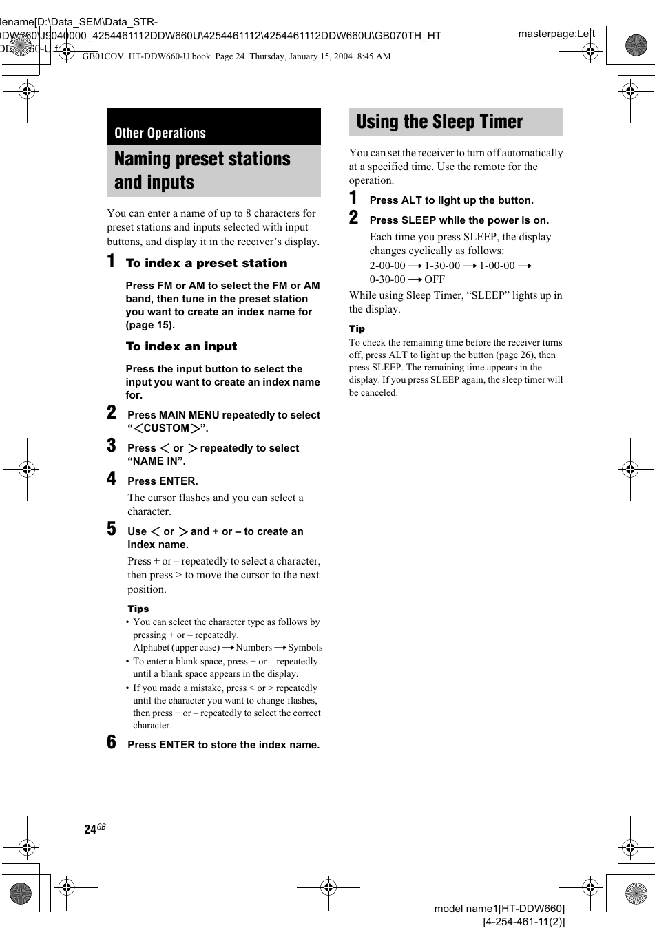 Naming preset stations and inputs, 1 to index a preset station, To index an input | Using the sleep timer, Other operations, Using the sleep timer 2 3 4 5 | Sony HT-DDW660 User Manual | Page 24 / 36