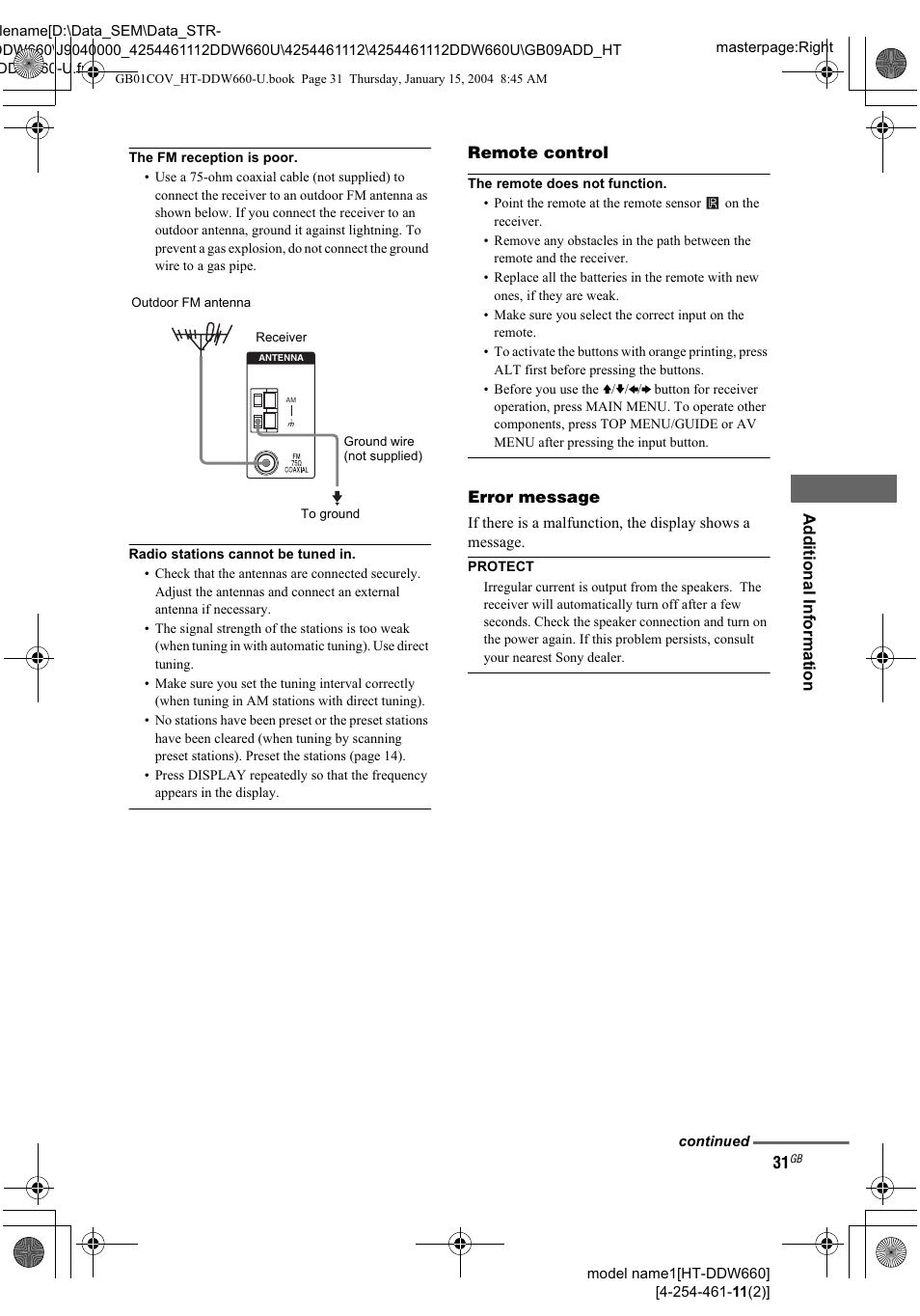 The fm reception is poor, Remote control, The remote does not function | Error message, Protect | Sony HT-DDW660 User Manual | Page 31 / 36